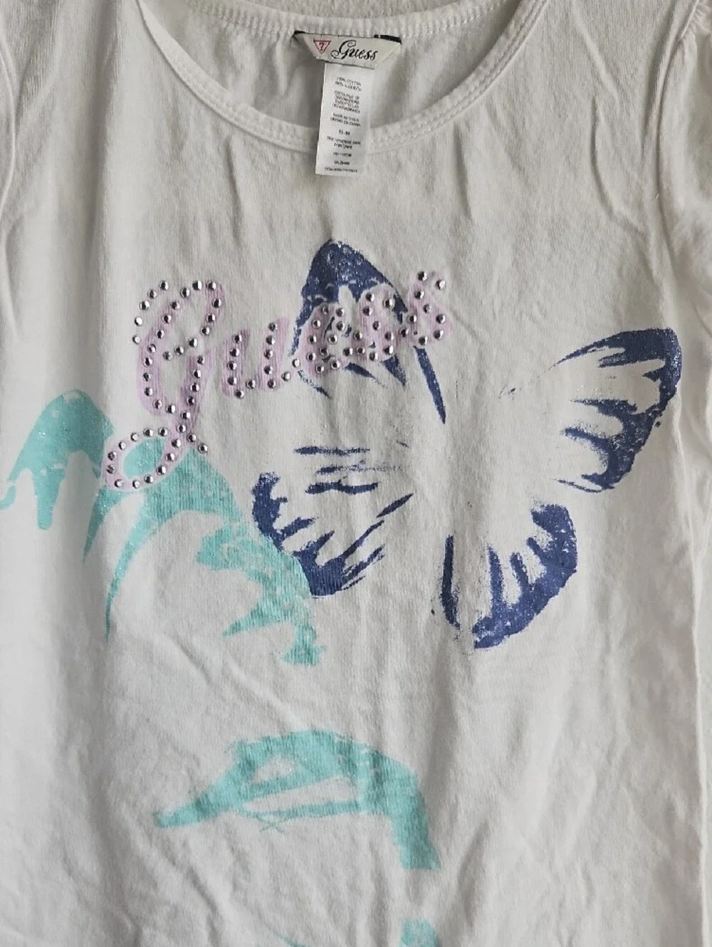 Guess White Girls' Short Sleeve Tee with Blue Butterfly & Aqua Accents 12-14